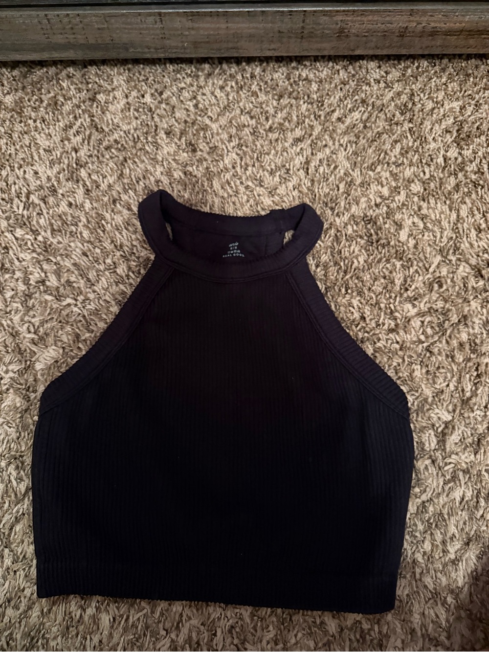 aerie Black Ribbed High-Neck Crop Tank
